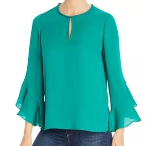 Kobi Halperin- Green Ara Bell Sleeve Silk Braided Trim Blouse